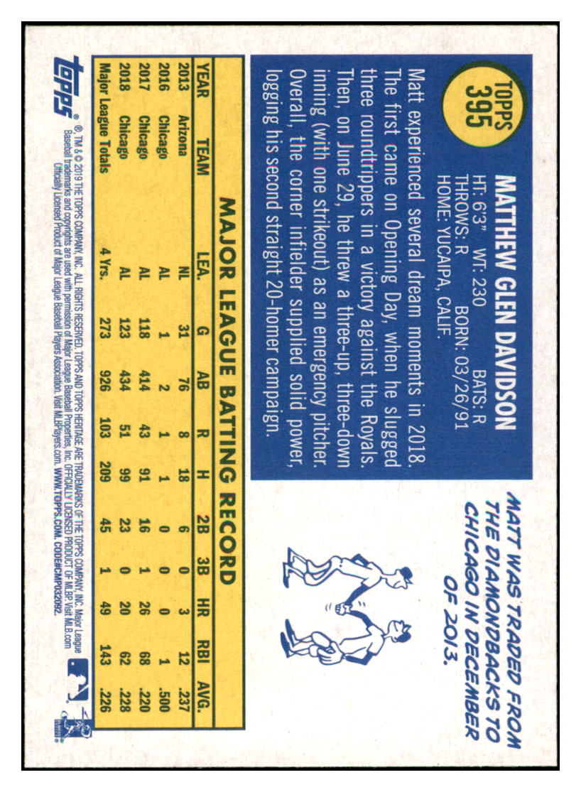2019 Topps Heritage Matt Davidson Chicago White Sox #395 Baseball card TMH1C simple Xclusive Collectibles