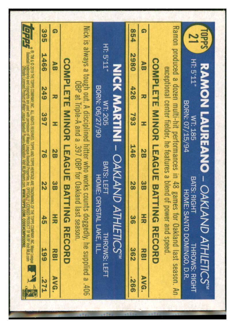 2019 Topps Heritage Nick Martini / Ramon
  Laureano RS, CPC, RC    Oakland
  Athletics #21 Baseball card   TMH1C simple Xclusive Collectibles