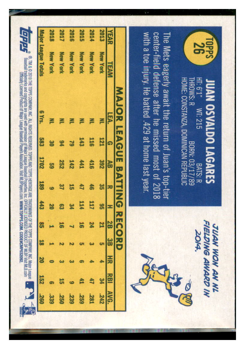 2019 Topps Heritage Juan Lagares    New York Mets #26 Baseball card   TMH1C simple Xclusive Collectibles