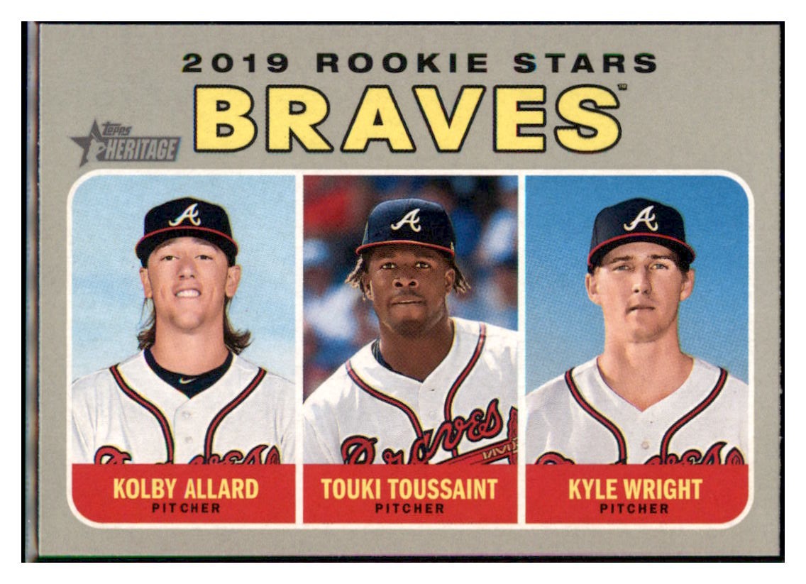 2019 Topps Heritage Kyle Wright / Touki
  Toussaint / Kolby Allard CPC, RC, RS   
  Atlanta Braves #399 Baseball card  
  TMH1C simple Xclusive Collectibles