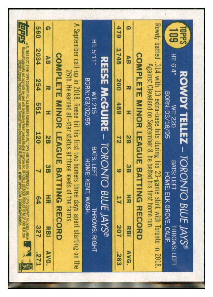 2019 Topps Heritage Rowdy Tellez / Reese
McGuire CPC, RC, RS Toronto Blue
Jays #109 Baseball card TMH1C simple Xclusive Collectibles