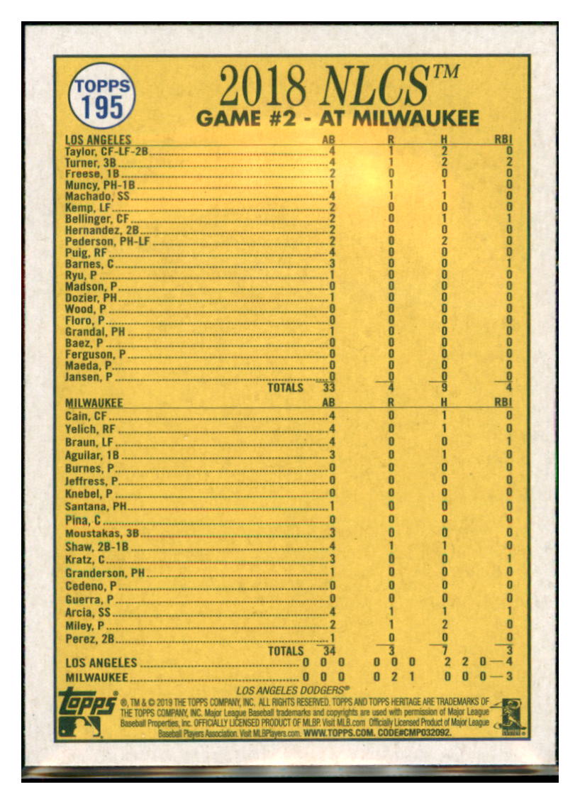 2019 Topps Heritage Turner Plays Hero
with Go-Ahead Homer! Los Angeles
Dodgers #195 Baseball card TMH1C_1d simple Xclusive Collectibles