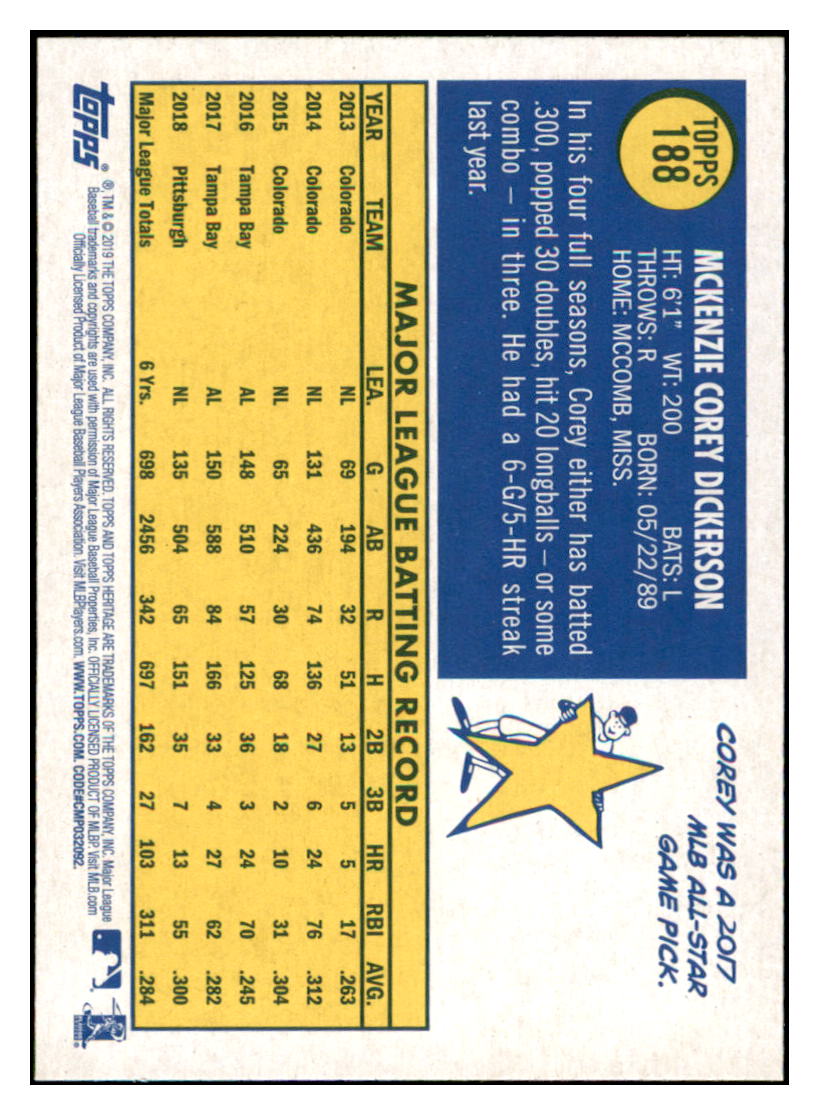2019 Topps Heritage Corey Dickerson    Pittsburgh Pirates #188 Baseball
  card   TMH1C simple Xclusive Collectibles