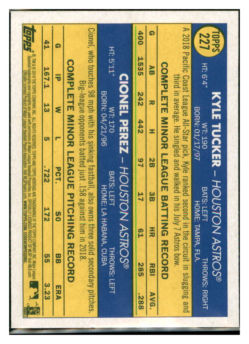 2019 Topps Heritage Kyle Tucker / Cionel
  Perez CPC, RC, RS    Houston Astros
  #227 Baseball card   TMH1C simple Xclusive Collectibles