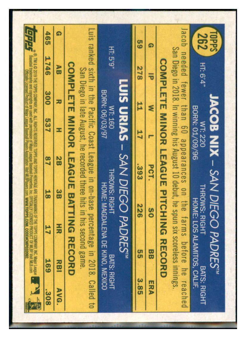 2019 Topps Heritage Jacob Nix / Luis
Urias CPC, RC, RS San Diego Padres
#262 Baseball card TMH1C simple Xclusive Collectibles
