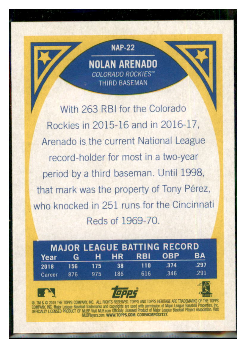 2019 Topps Heritage Nolan Arenado Colorado Rockies #NAP-22 Baseball
card TMH1C simple Xclusive Collectibles