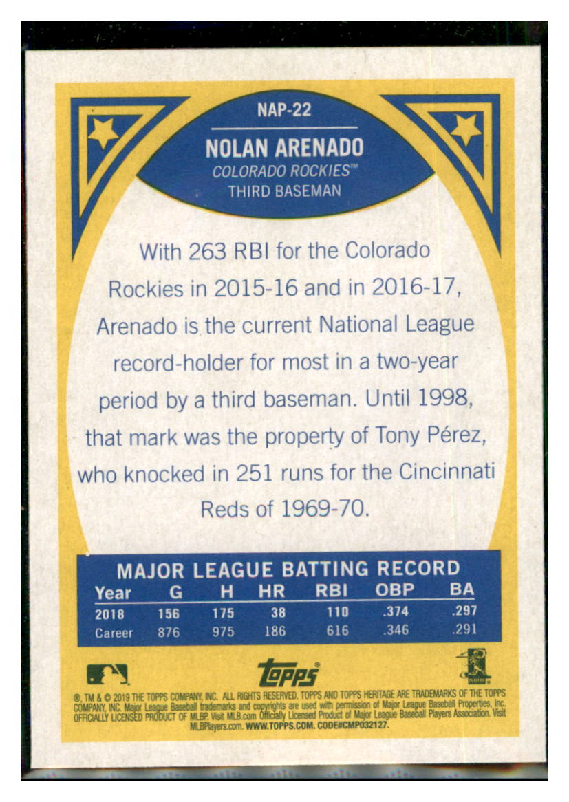 2019 Topps Heritage Nolan Arenado    Colorado Rockies #NAP-22 Baseball
  card   TMH1C simple Xclusive Collectibles   