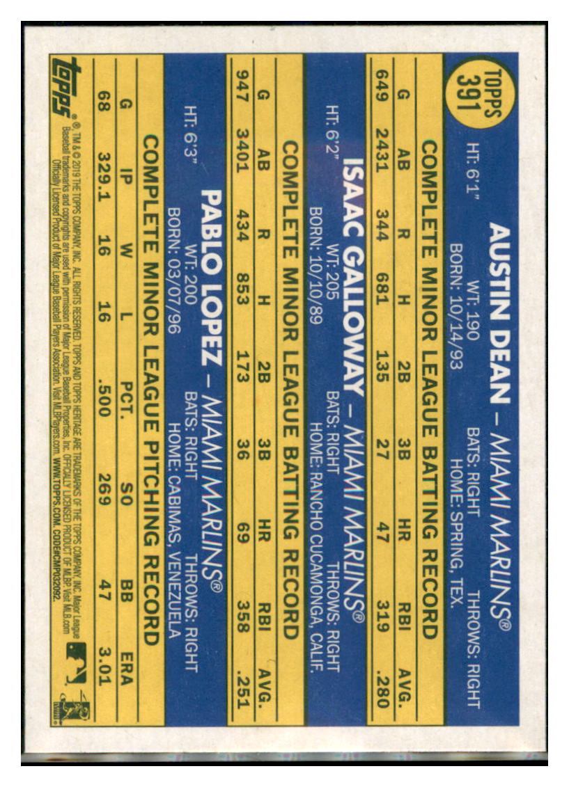 2019 Topps Heritage Austin Dean / Isaac
Galloway / Pablo Lopez CPC, RC, RS
Miami Marlins #391 Baseball card
TMH1C simple Xclusive Collectibles