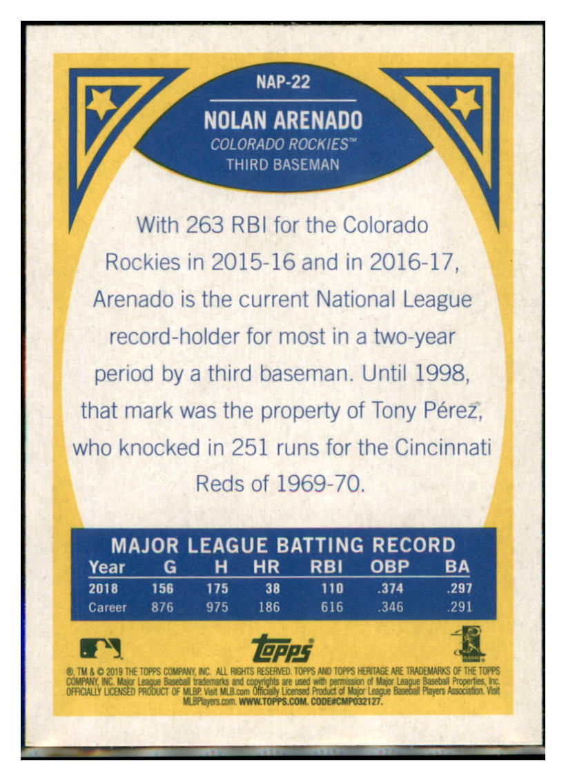 2019 Topps Heritage Nolan Arenado    Colorado Rockies #NAP-22 Baseball
  card   TMH1C_1b simple Xclusive Collectibles   
