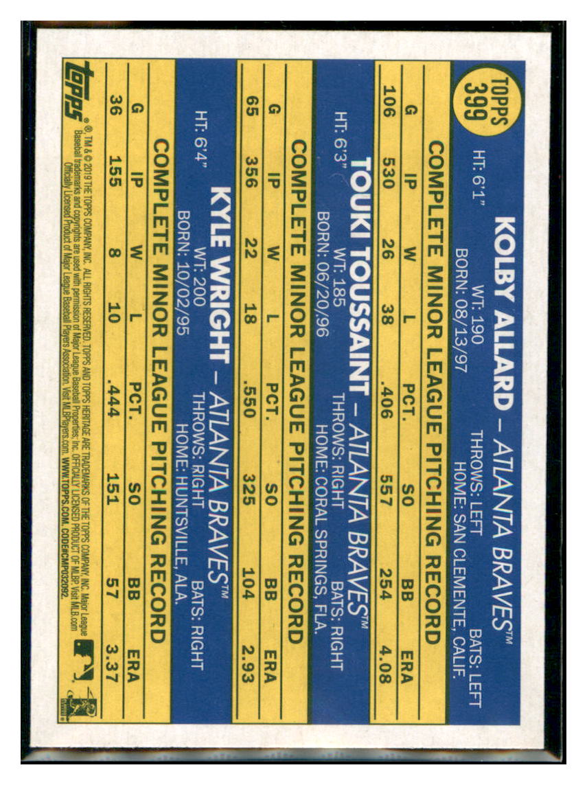 2019 Topps Heritage Kyle Wright / Touki
  Toussaint / Kolby Allard CPC, RC, RS   
  Atlanta Braves #399 Baseball card  
  TMH1C_1d simple Xclusive Collectibles