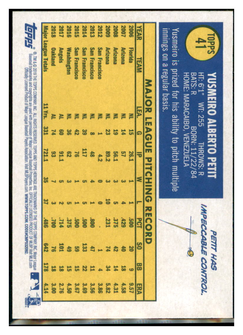 2019 Topps Heritage Yusmeiro Petit Oakland Athletics #41 Baseball card TMH1C simple Xclusive Collectibles
