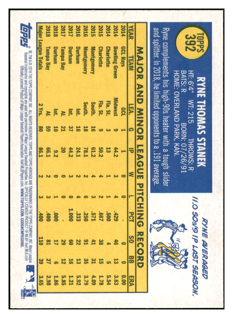 2019 Topps Heritage Ryne Stanek    Tampa Bay Rays #392 Baseball card   TMH1C simple Xclusive Collectibles