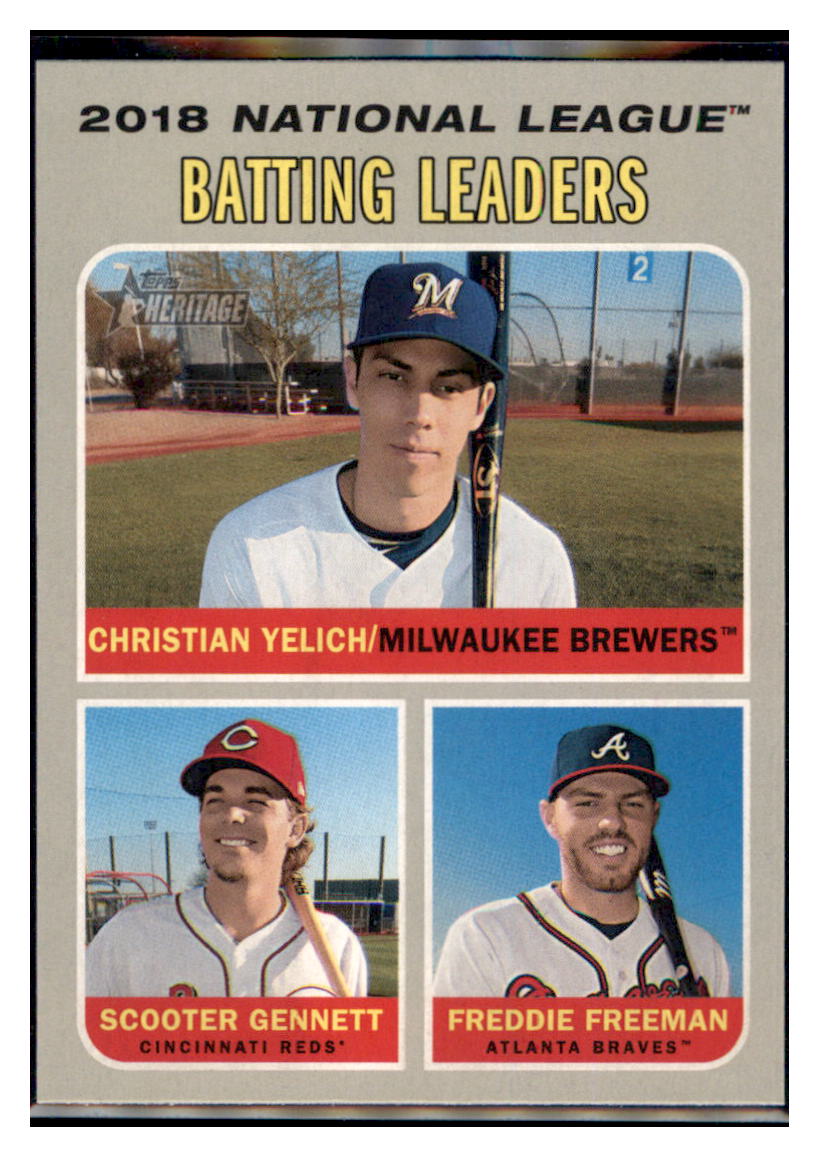 2019 Topps Heritage Christian Yelich /
Freddie Freeman / Scooter Gennett CPC, LL
Milwaukee Brewers / Atlanta Braves / Cincinnati Reds #61 Baseball
card TMH1C_1a simple Xclusive Collectibles