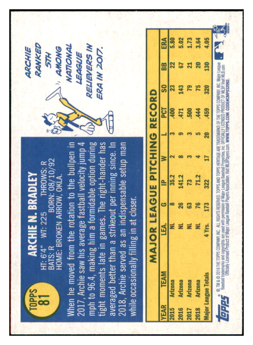 2019 Topps Heritage Archie Bradley    Arizona Diamondbacks #81 Baseball
  card   TMH1C simple Xclusive Collectibles   