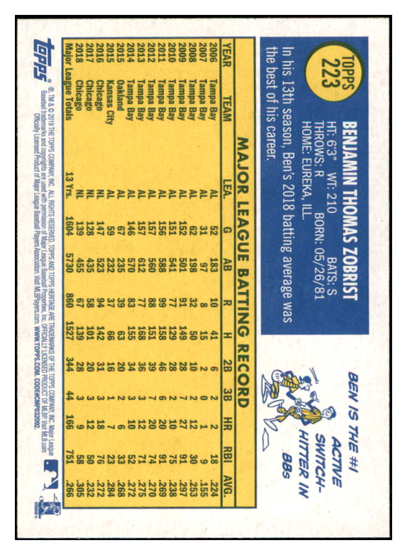 2019 Topps Heritage Ben Zobrist Chicago Cubs #223 Baseball card TMH1C simple Xclusive Collectibles
