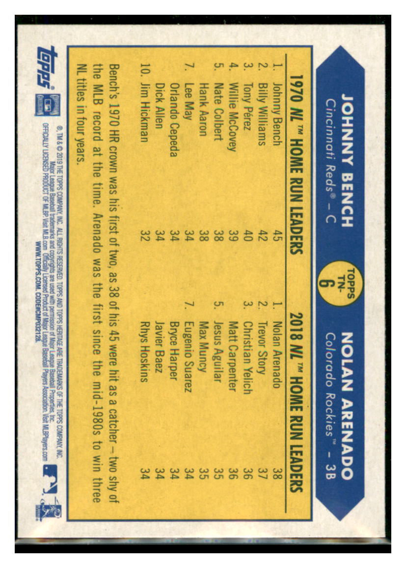 2019 Topps Heritage Johnny Bench / Nolan
Arenado Cincinnati Reds / Colorado
Rockies #TN-6 Baseball card TMH1C simple Xclusive Collectibles