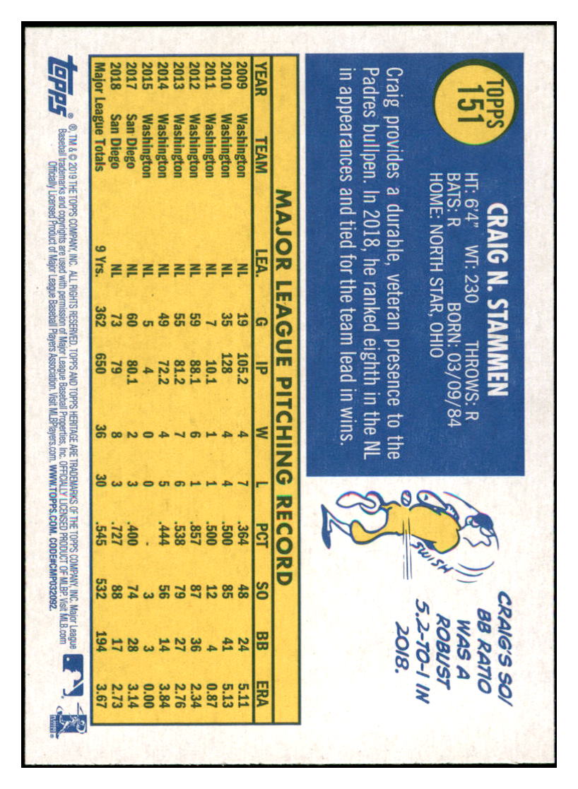 2019 Topps Heritage Craig Stammen San Diego Padres #151 Baseball card TMH1C simple Xclusive Collectibles