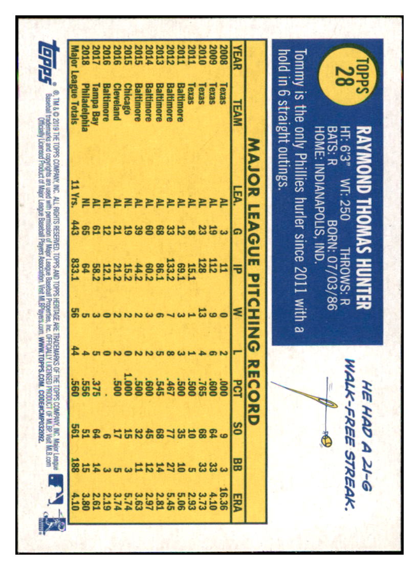 2019 Topps Heritage Tommy Hunter Philadelphia Phillies #28 Baseball
card TMH1C_1a simple Xclusive Collectibles