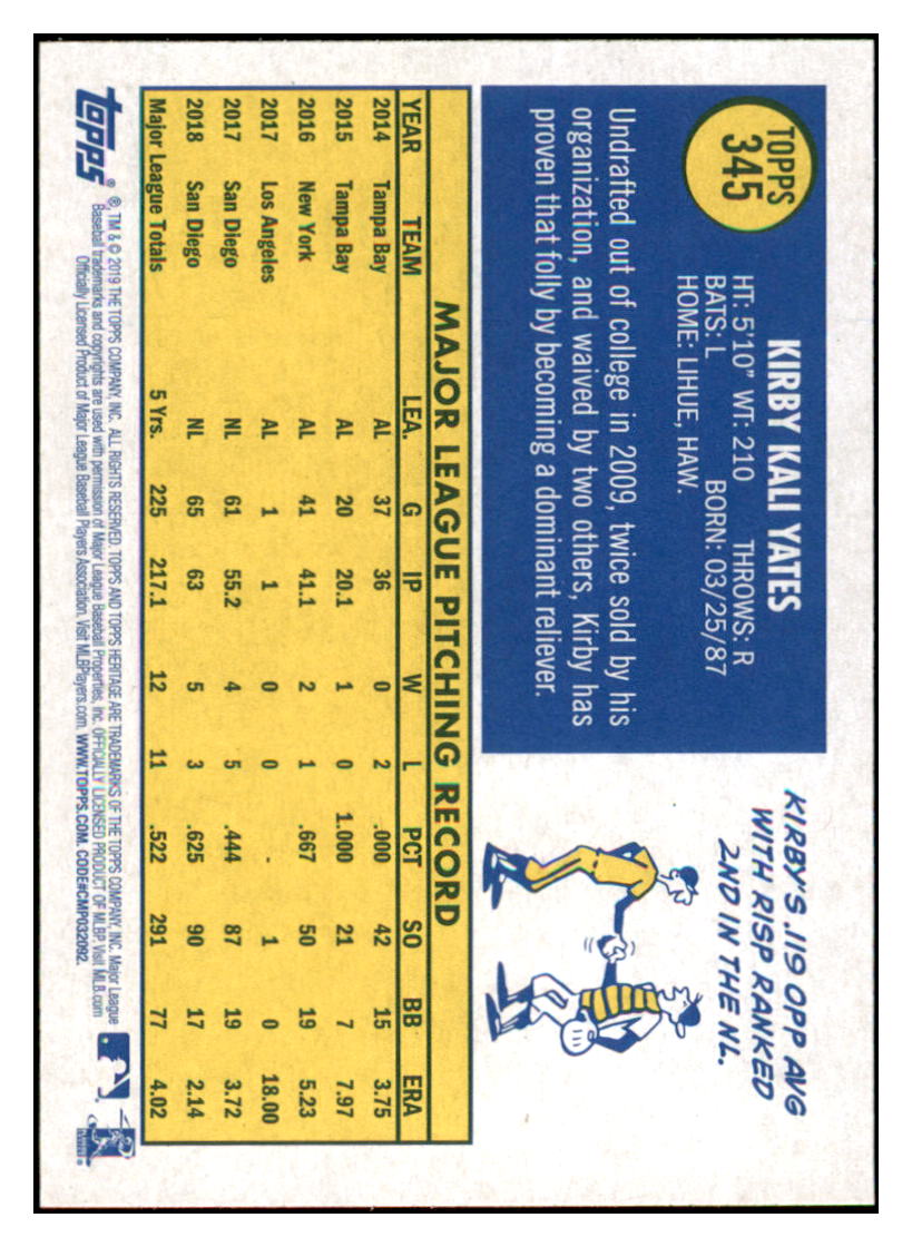 2019 Topps Heritage Kirby Yates San Diego Padres #345 Baseball card TMH1C simple Xclusive Collectibles
