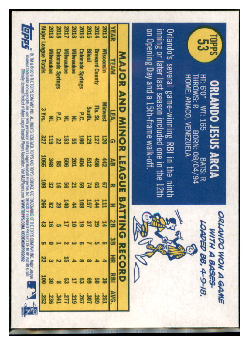 2019 Topps Heritage Orlando Arcia Milwaukee Brewers #53 Baseball card TMH1C_1a simple Xclusive Collectibles