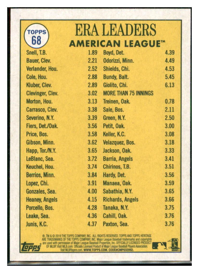 2019 Topps Heritage Justin Verlander /
Trevor Bauer / Blake Snell CPC, LL
Houston Astros / Cleveland Indians / Tampa Bay Rays #68 Baseball
card TMH1C_1d simple Xclusive Collectibles