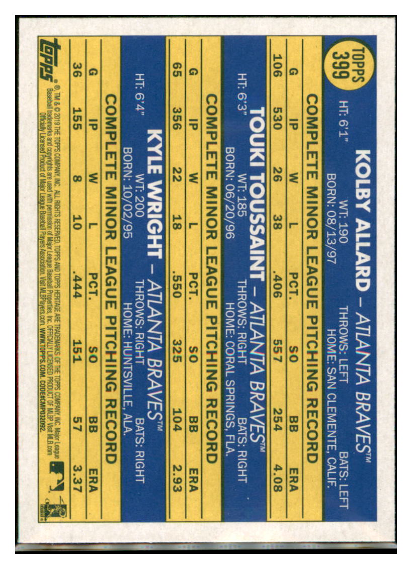2019 Topps Heritage Kyle Wright / Touki
  Toussaint / Kolby Allard CPC, RC, RS   
  Atlanta Braves #399 Baseball card  
  TMH1C_1c simple Xclusive Collectibles
