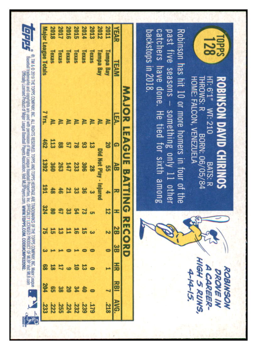 2019 Topps Heritage Robinson
Chirinos Texas Rangers #128 Baseball
card TMH1C simple Xclusive Collectibles