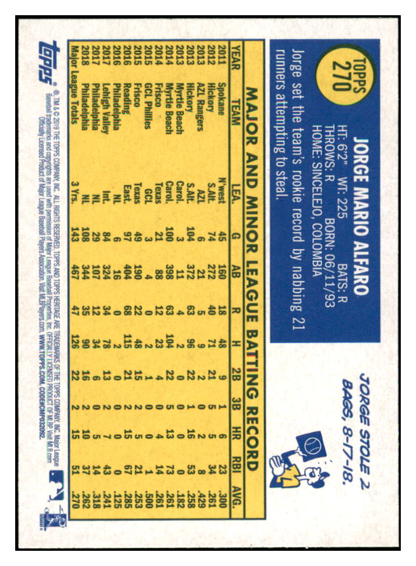 2019 Topps Heritage Jorge Alfaro    Philadelphia Phillies #270 Baseball
  card   TMH1C_1a simple Xclusive Collectibles