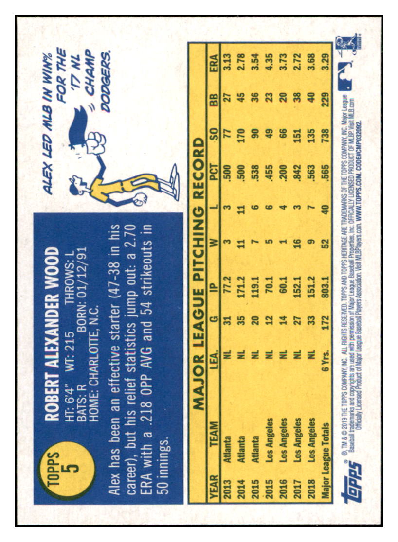 2019 Topps Heritage Alex Wood Los Angeles Dodgers #5 Baseball card TMH1C simple Xclusive Collectibles