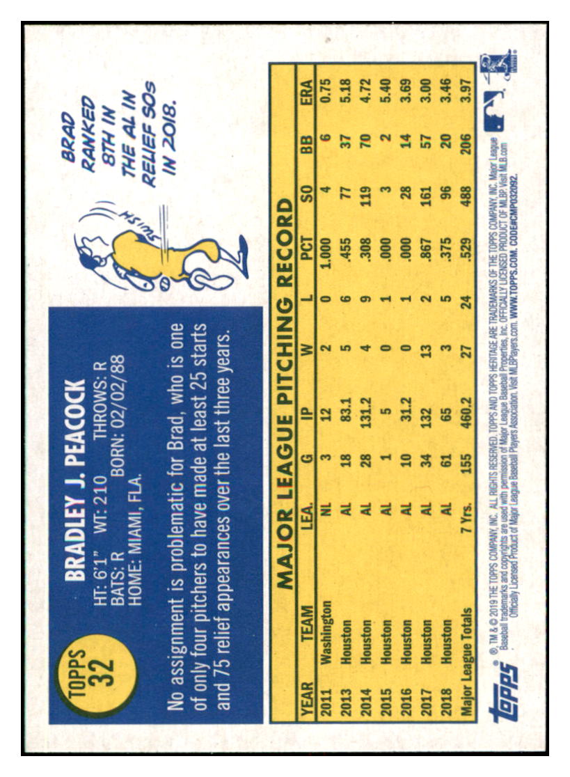 2019 Topps Heritage Brad Peacock Houston Astros #32 Baseball card TMH1C simple Xclusive Collectibles