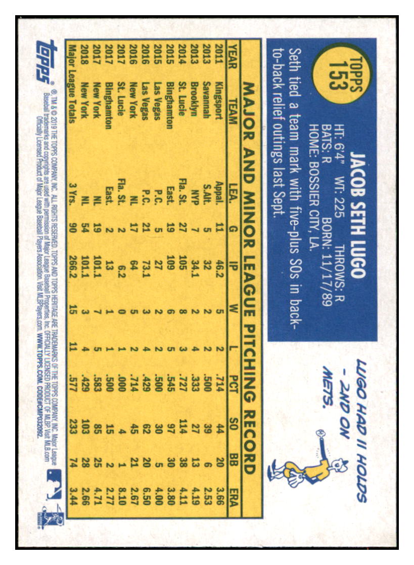 2019 Topps Heritage Seth Lugo New York Mets #153 Baseball card TMH1C simple Xclusive Collectibles