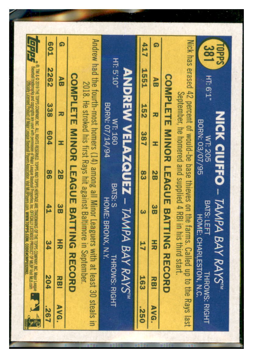 2019 Topps Heritage Andrew Velazquez /
Nick Ciuffo RC, RS Tampa Bay Rays
#381 Baseball card TMH1C_1c simple Xclusive Collectibles