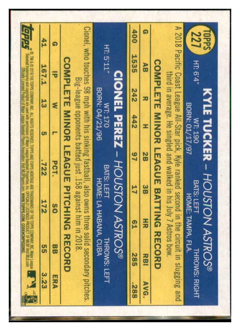2019 Topps Heritage Kyle Tucker / Cionel
Perez CPC, RC, RS Houston Astros
#227 Baseball card TMH1C_1b simple Xclusive Collectibles