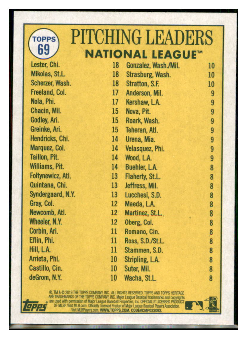 2019 Topps Heritage Kyle Freeland / Aaron
  Nola / Miles Mikolas / Jon Lester / Max Scherzer CPC, LL    Colorado Rockies / Philadelphia Phillies
  / St. Louis Cardinals / Chicago Cubs / Washington Nationals #69 Baseball card   TMH1C simple Xclusive Collectibles