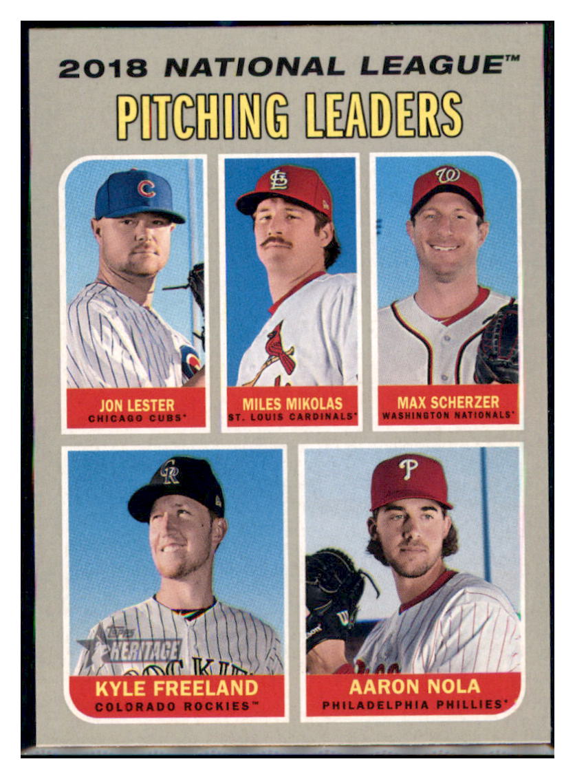 2019 Topps Heritage Kyle Freeland / Aaron
  Nola / Miles Mikolas / Jon Lester / Max Scherzer CPC, LL    Colorado Rockies / Philadelphia Phillies
  / St. Louis Cardinals / Chicago Cubs / Washington Nationals #69 Baseball card   TMH1C simple Xclusive Collectibles