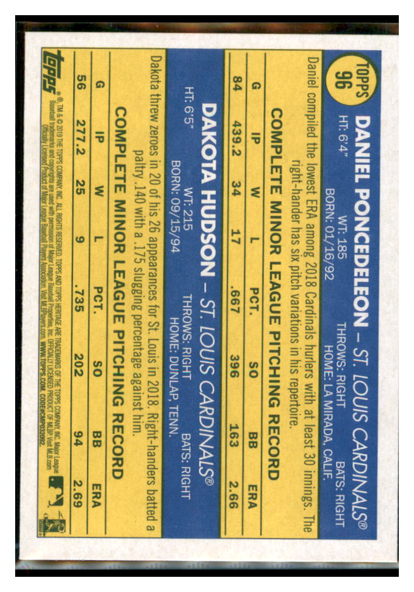 2019 Topps Heritage Dakota Hudson /
  Daniel Poncedeleon CPC, RC, RS    St.
  Louis Cardinals #96 Baseball card  
  TMH1C simple Xclusive Collectibles   