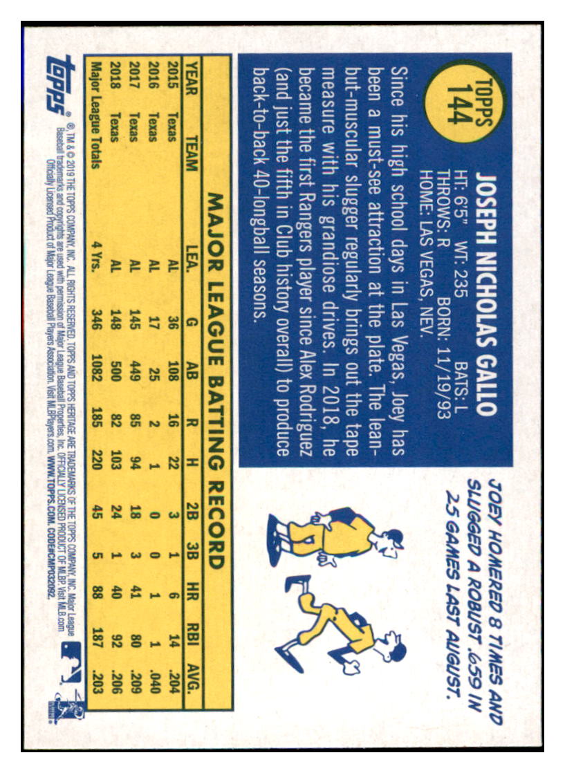 2019 Topps Heritage Joey Gallo    Texas Rangers #144 Baseball card   TMH1C simple Xclusive Collectibles