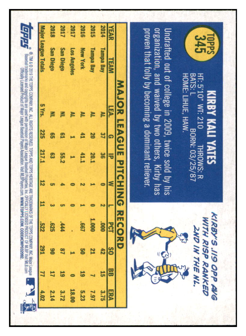 2019 Topps Heritage Kirby Yates San Diego Padres #345 Baseball card TMH1C_1a simple Xclusive Collectibles