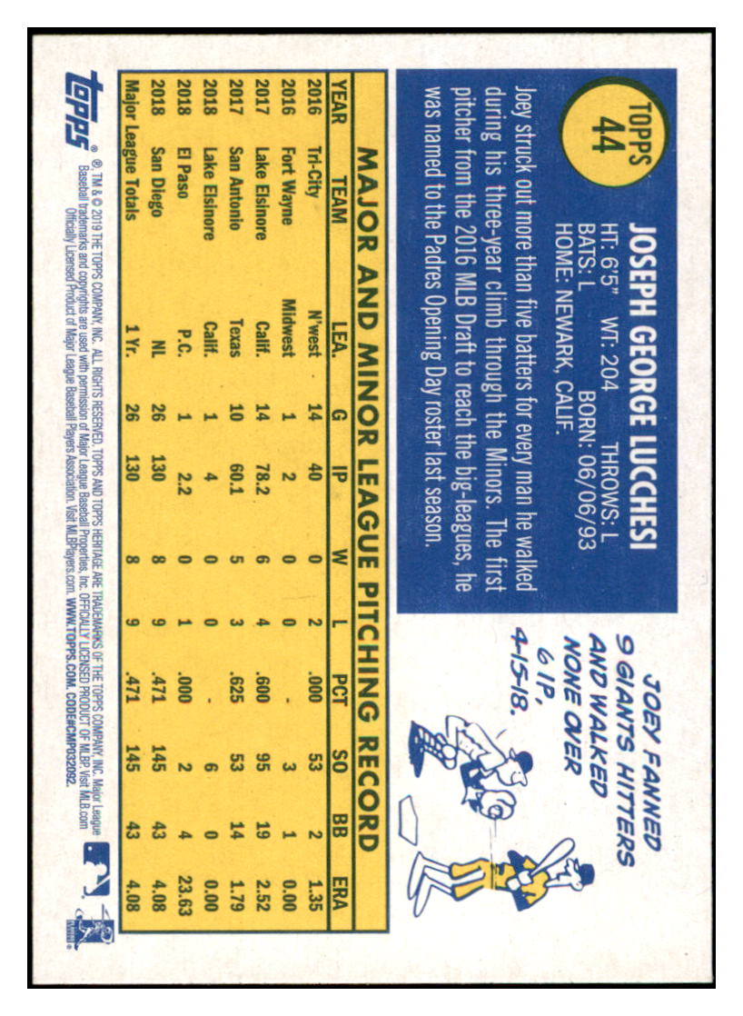 2019 Topps Heritage Joey Lucchesi San Diego Padres #44 Baseball card TMH1C simple Xclusive Collectibles