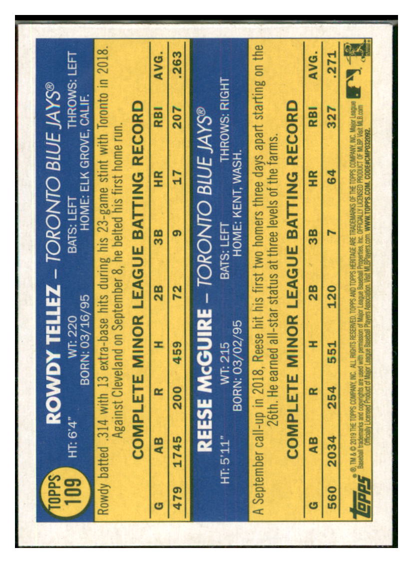 2019 Topps Heritage Rowdy Tellez / Reese
McGuire CPC, RC, RS Toronto Blue
Jays #109 Baseball card TMH1C_1a simple Xclusive Collectibles