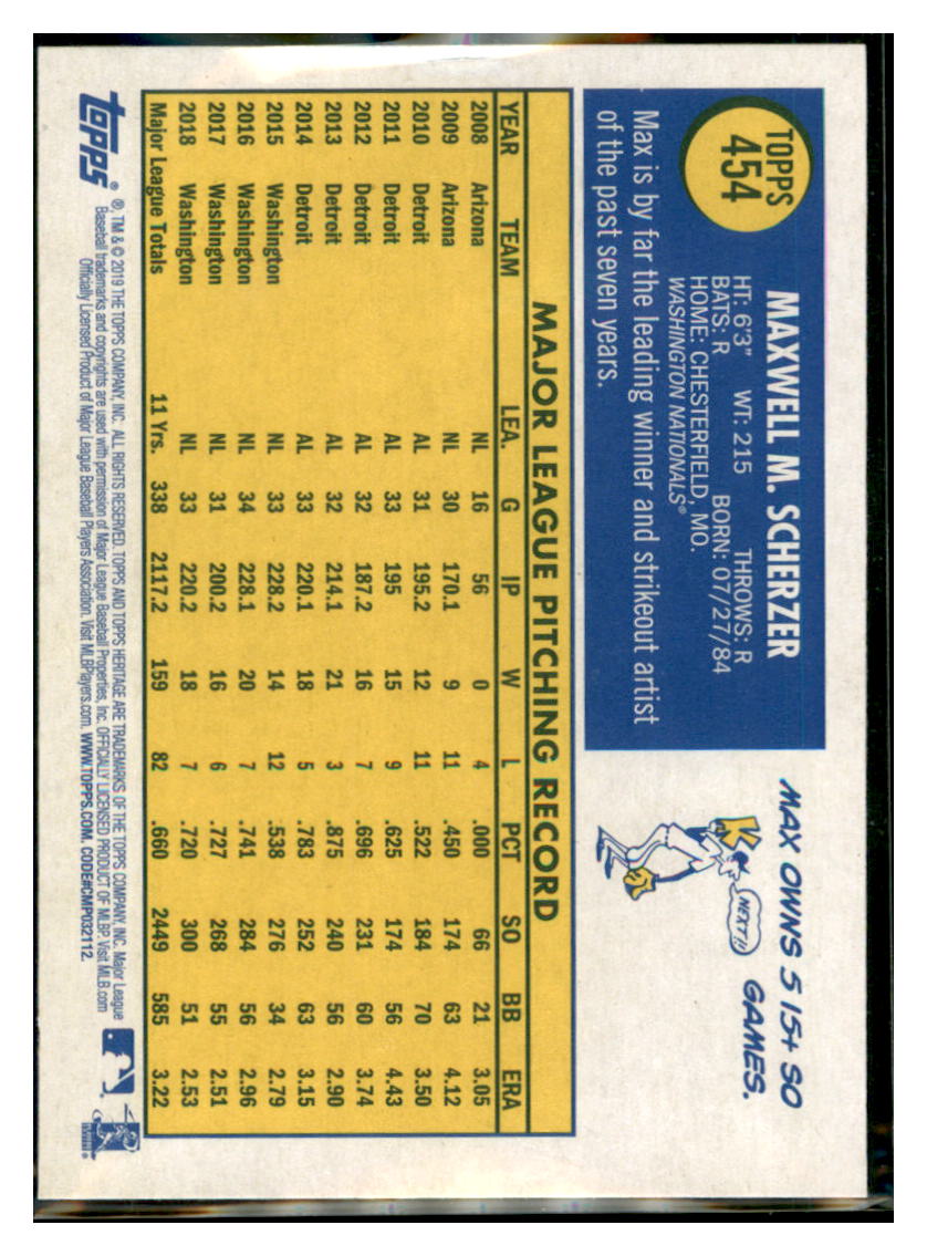 2019 Topps Heritage Max Scherzer Washington Nationals #454 Baseball
card TMH1C_1b simple Xclusive Collectibles