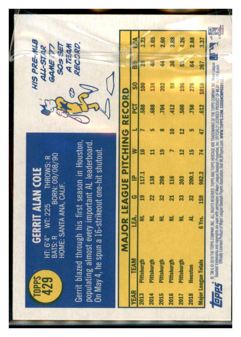 2019 Topps Heritage Gerrit Cole Houston Astros #429 Baseball card TMH1C simple Xclusive Collectibles