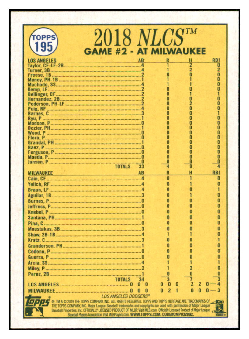 2019 Topps Heritage Turner Plays Hero
with Go-Ahead Homer! Los Angeles
Dodgers #195 Baseball card TMH1C_1b simple Xclusive Collectibles