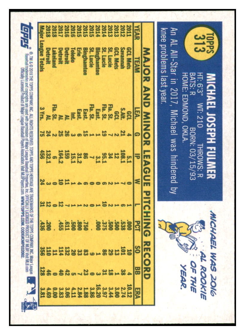 2019 Topps Heritage Michael Fulmer Detroit Tigers #THC-313 Baseball
card TMH1C simple Xclusive Collectibles