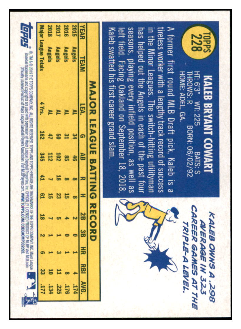 2019 Topps Heritage Kaleb Cowart Los Angeles Angels #228 Baseball
card TMH1C simple Xclusive Collectibles
