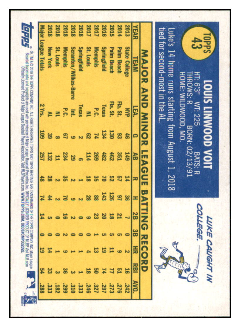 2019 Topps Heritage Luke Voit    New York Yankees #43 Baseball card   TMH1C simple Xclusive Collectibles