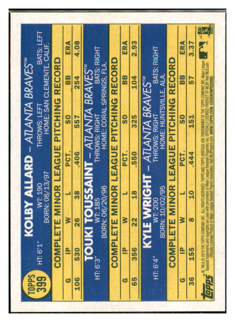 2019 Topps Heritage Kyle Wright / Touki
  Toussaint / Kolby Allard CPC, RC, RS   
  Atlanta Braves #399 Baseball card  
  TMH1C_1a simple Xclusive Collectibles