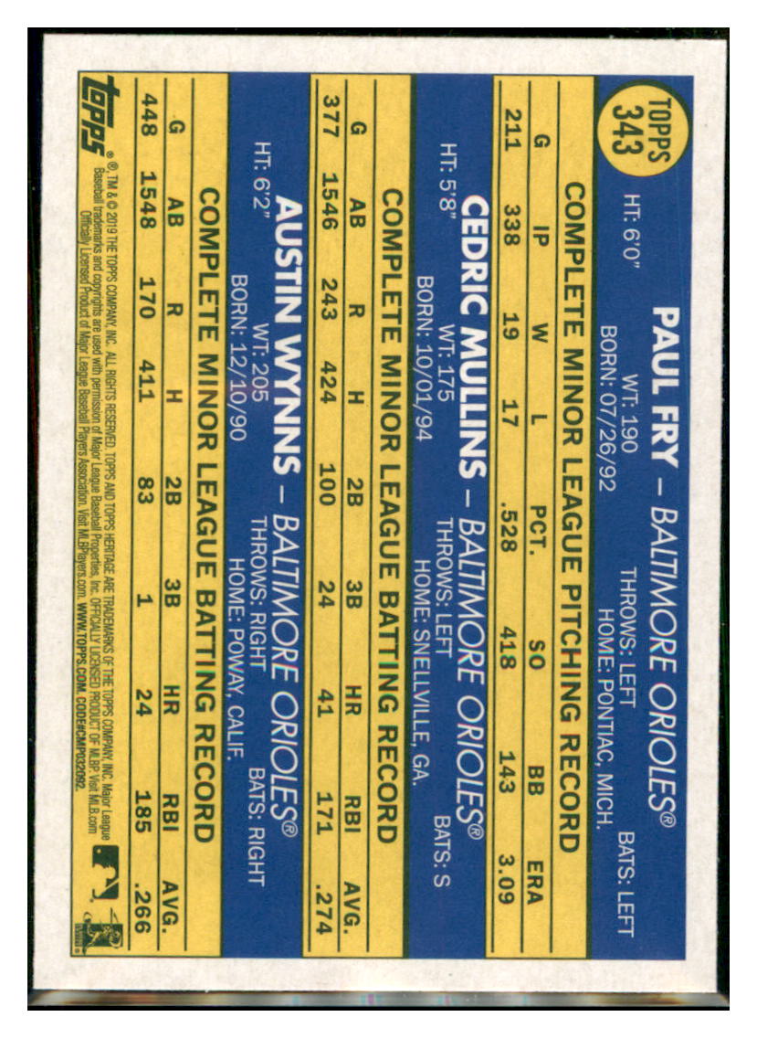 2019 Topps Heritage Cedric Mullins / Paul
  Fry / Austin Wynns CPC, RC, RS   
  Baltimore Orioles #343 Baseball card  
  TMH1C simple Xclusive Collectibles