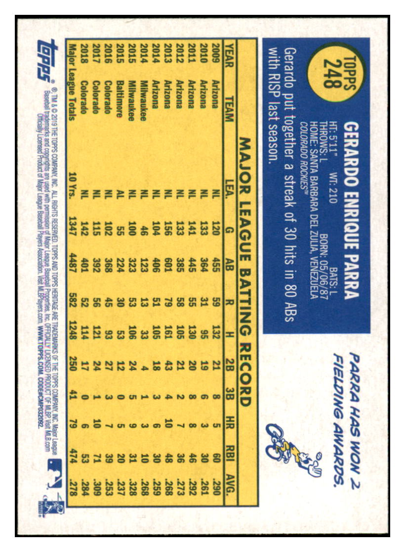 2019 Topps Heritage Gerardo Parra    Colorado Rockies #248 Baseball card   TMH1C simple Xclusive Collectibles