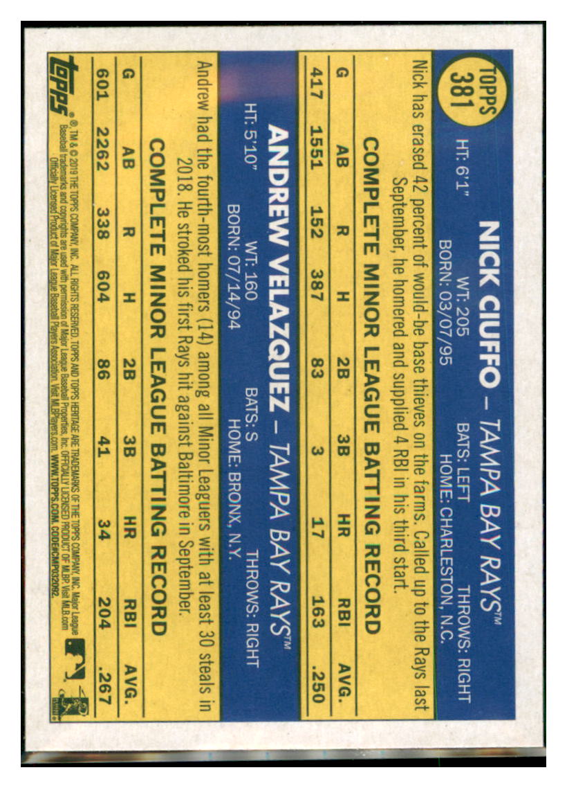 2019 Topps Heritage Andrew Velazquez /
Nick Ciuffo RC, RS Tampa Bay Rays
#381 Baseball card TMH1C_1b simple Xclusive Collectibles